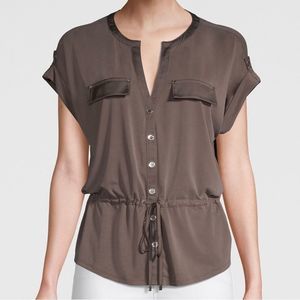 White House Black Market Olive Brown Button-Front Drawstring Blouse